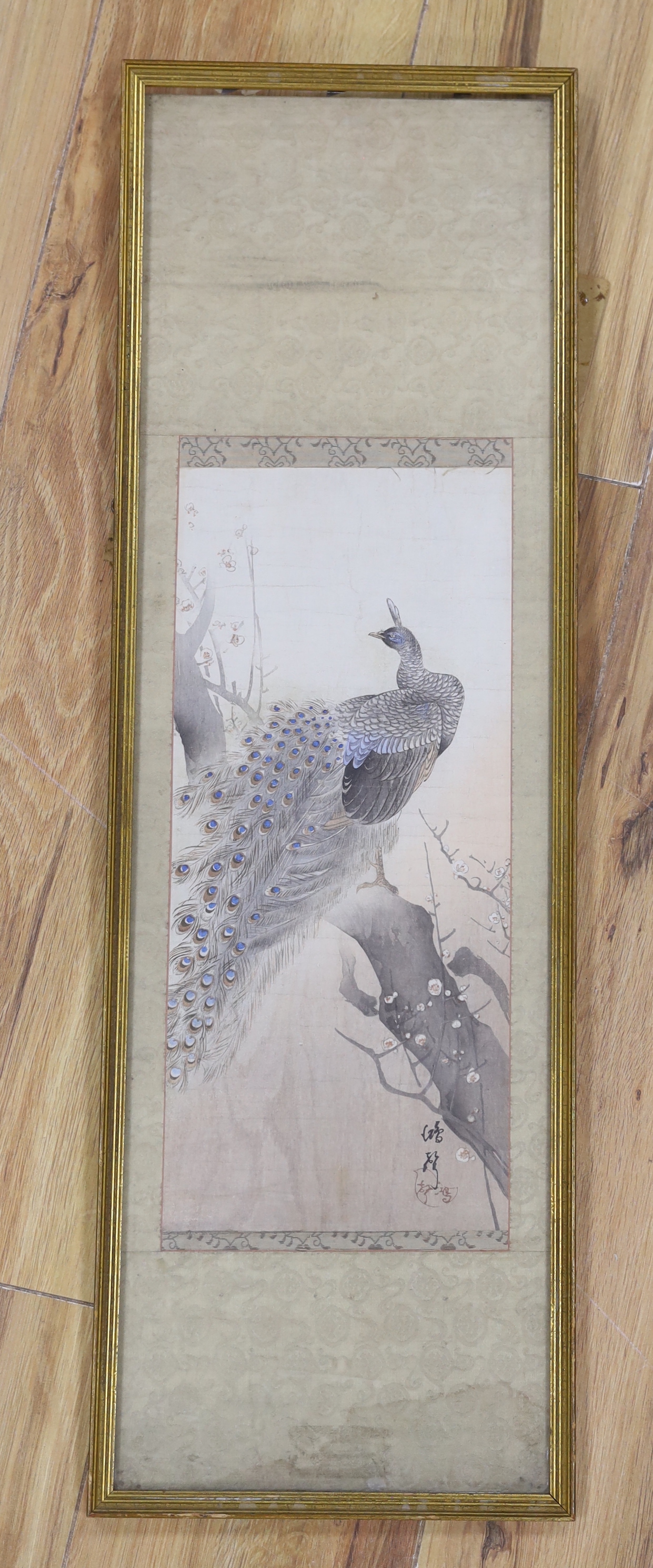 Japanese School, woodblock print, Peacock on branch, 38 x 16cm